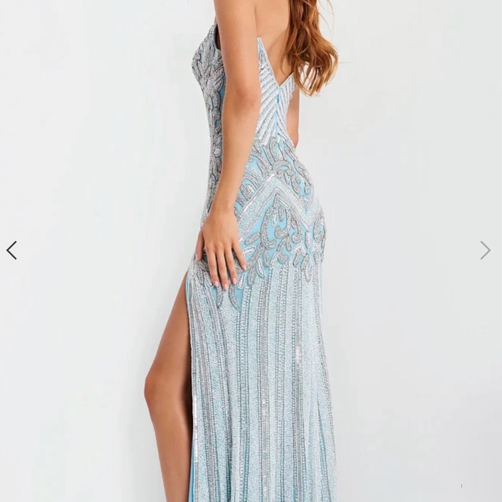 Jovani Light Blue Beaded Strapless Prom Gown